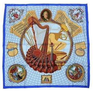 HERMES Scarf 100% Silk "Hommage a Mozart" Blue
